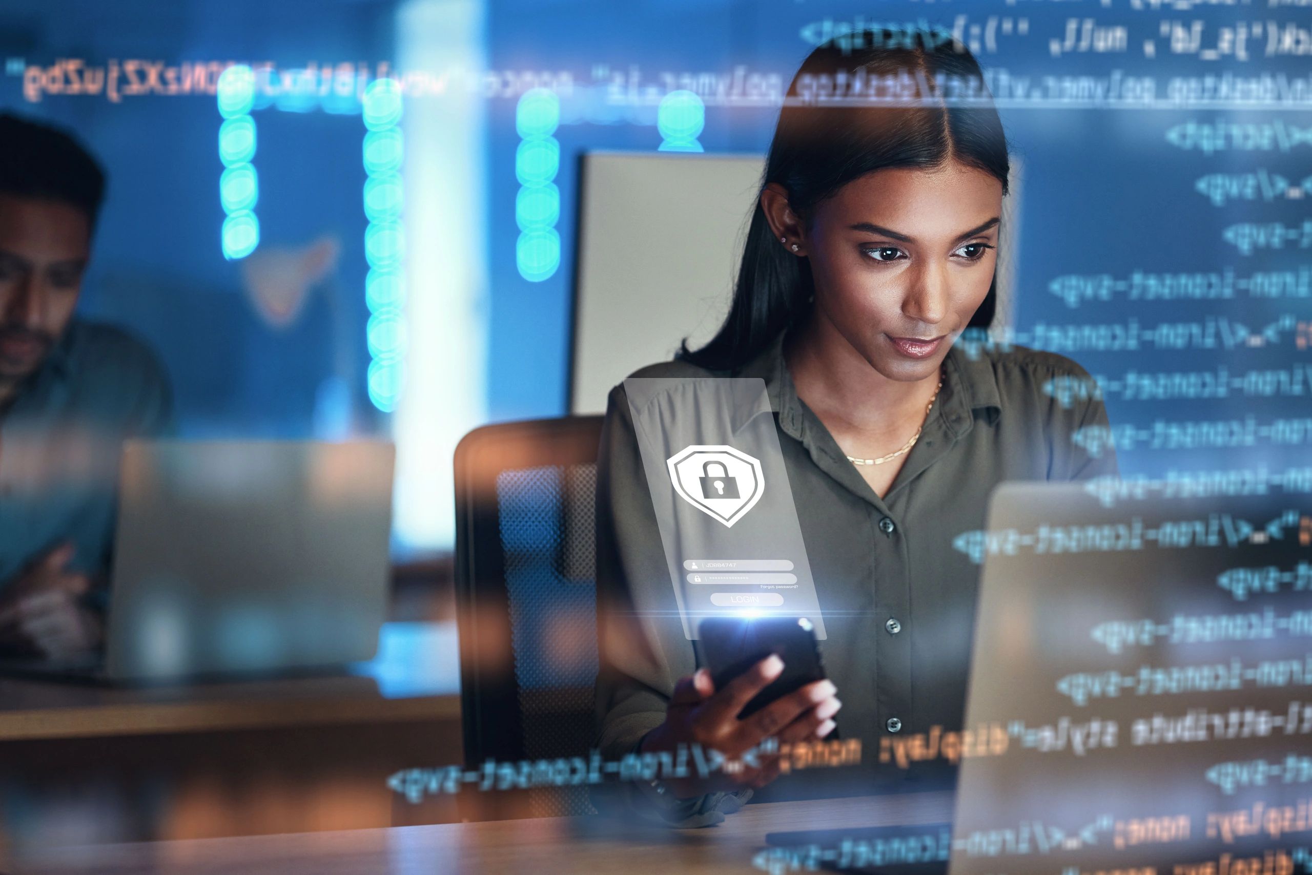 Laptop, phone and hologram of woman for data