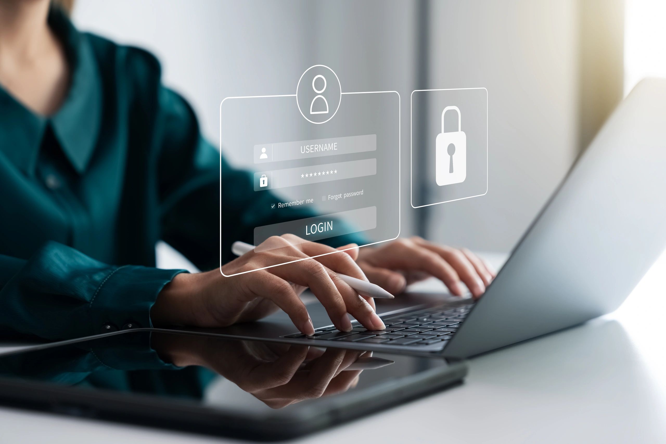 Securing cybersecurity, A Businesswoman protecting personal data on